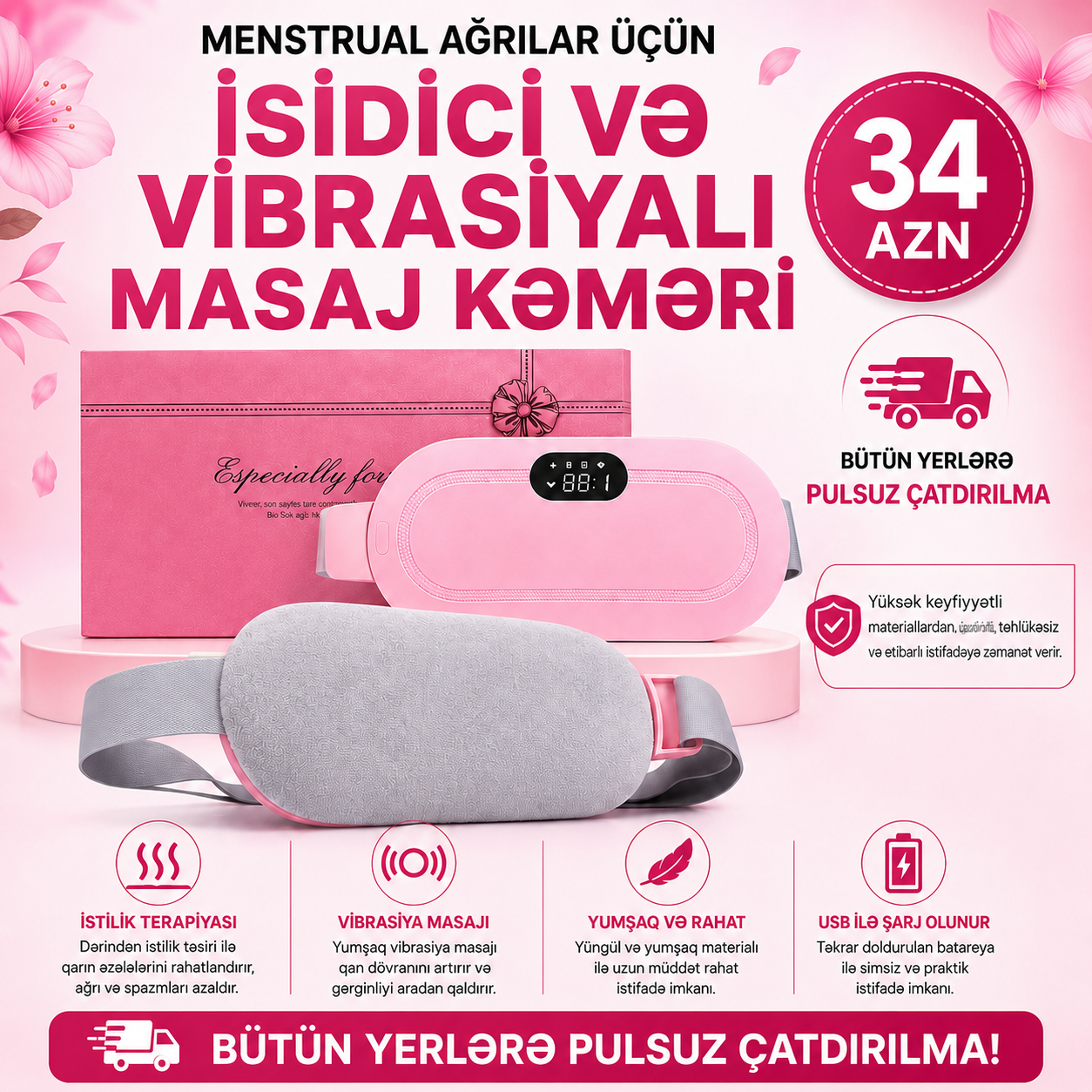 Menstrual Ağrı Üçün İsiddici və Vibrasiyalı Massaj Kəməri